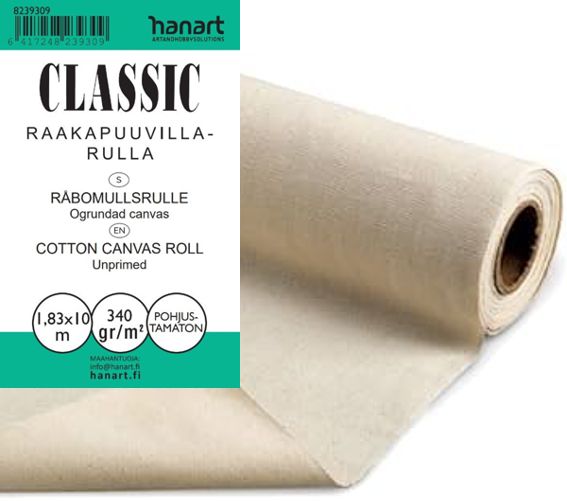 Maalauskangas raakapuuvilla 340g/m2, 183cm, 10m rulla